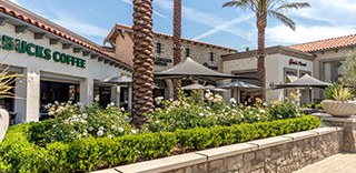 Exterior of El Camino Shopping Center with Starbucks, white flowers and palm trees