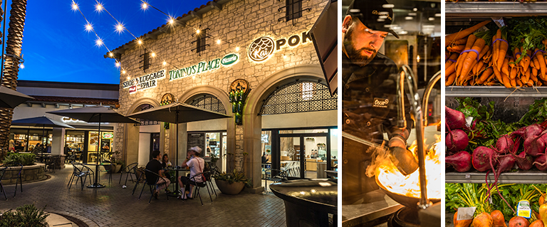 El Camino collage exterior with string lights, man cooking with fire, vegetables in produce section